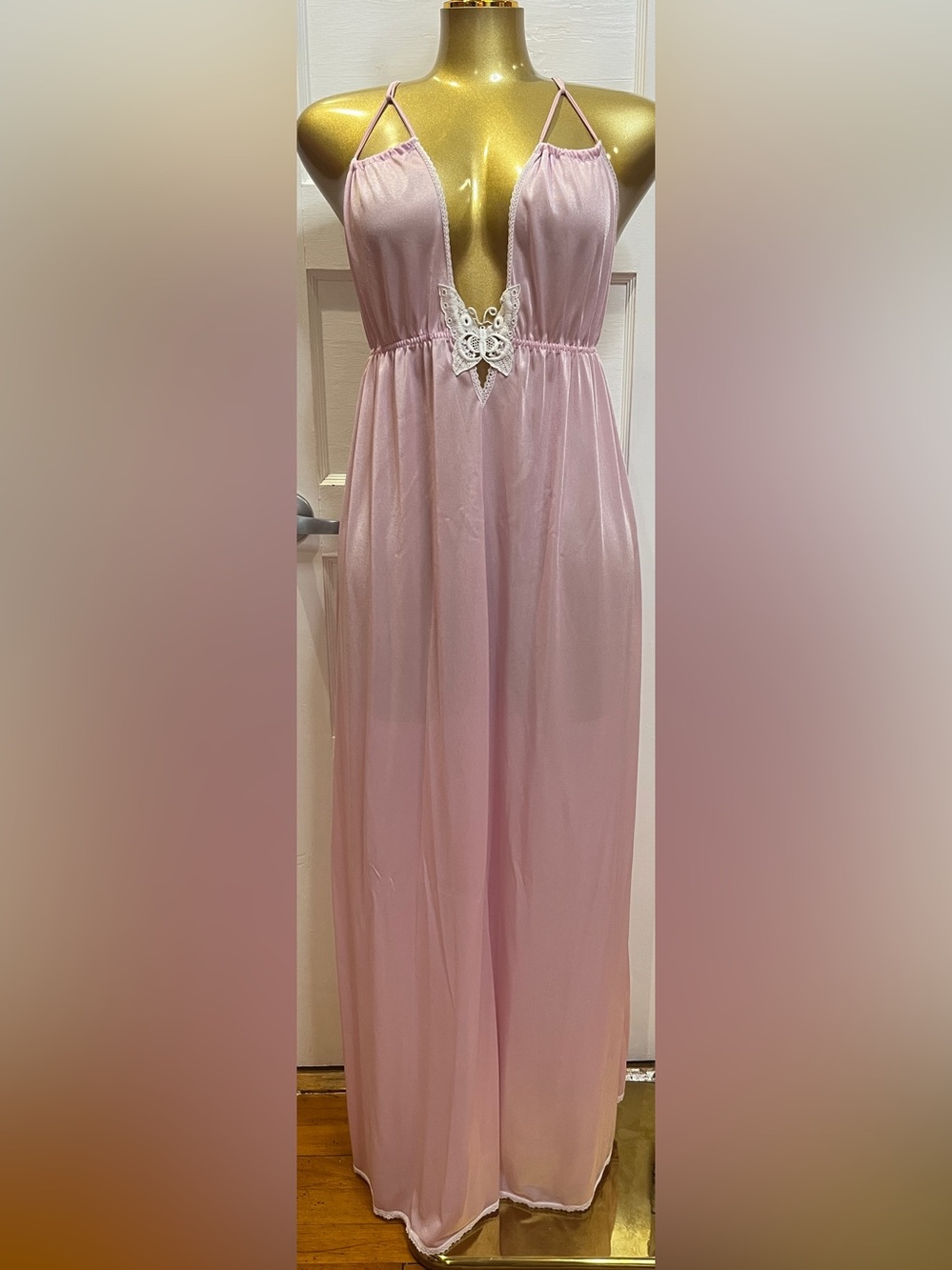 Vintage 70s Avian Pink Butterfly Maxi
Lingerie Gown Coquette Angelic Slip Dress